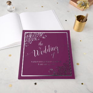 Elegante kalligrafie magenta & zilver folie bruilo gastenboek