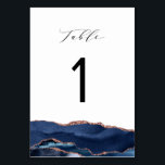 Elegante kalligrafie marineblauw en roos gouden ag kaart<br><div class="desc">waterverf marineblauw en roos gouden waterverf agaat. Tafelnummerkaart met moderne kalligrafie.</div>