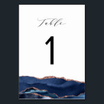 Elegante kalligrafie marineblauw en roos gouden ag kaart<br><div class="desc">waterverf marineblauw en roos gouden waterverf agaat. Tafelnummerkaart met moderne kalligrafie.</div>