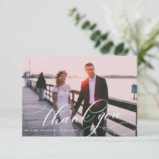 elegante kalligrafie met trouwfoto bedankkaart (Staand voorkant)