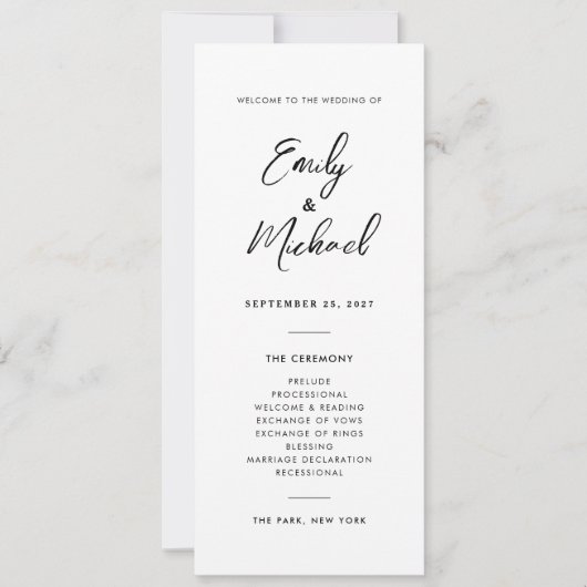 Elegante kalligrafie minimale bruiloft programma (Voorkant)