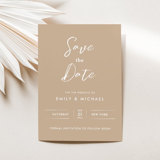 Elegante kalligrafie minimalistische Taupe bruilof Save The Date