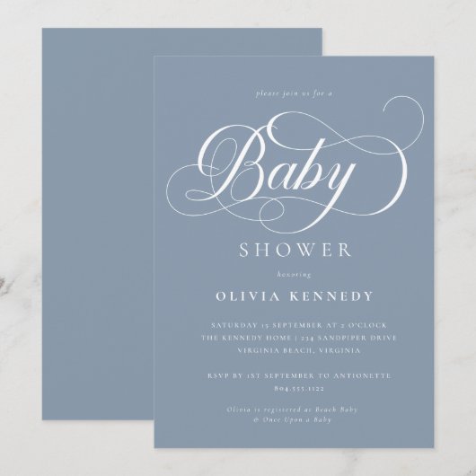 Elegante kalligrafie Modern Script Blue Baby showe Kaart (Voorkant / Achterkant)