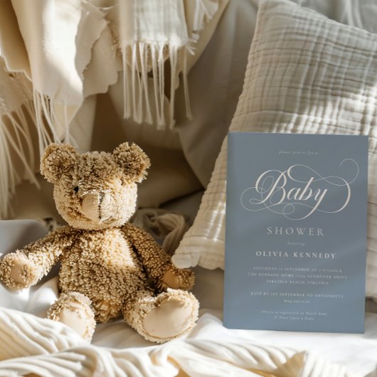 Elegante kalligrafie Modern Script Blue Baby showe Kaart