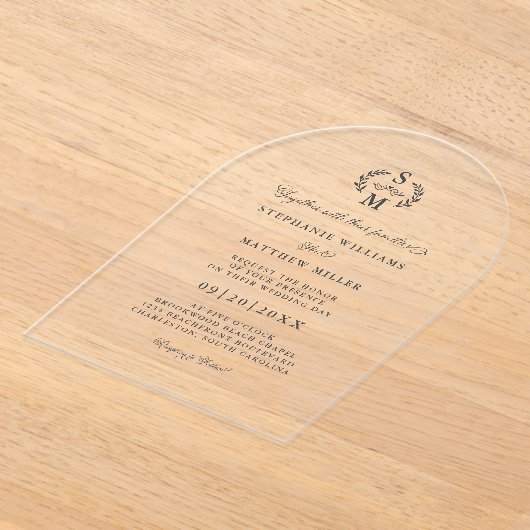 Elegante kalligrafie Monogram Crest Wedding Acryl Uitnodigingen (Laagn)