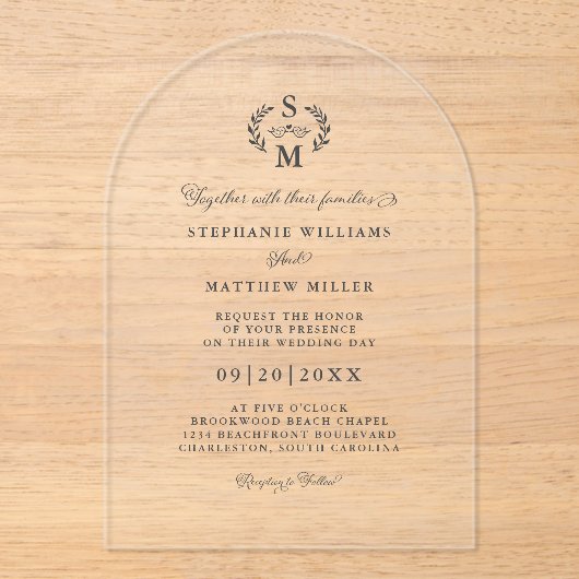 Elegante kalligrafie Monogram Crest Wedding Acryl Uitnodigingen (Voorkant)