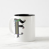 Elegante kalligrafie Monogram letter F Tweekleurige Koffiemok (Voorkant links)