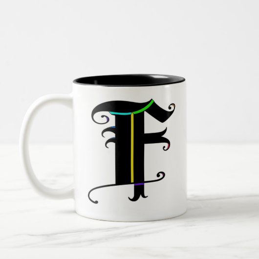 Elegante kalligrafie Monogram letter F Tweekleurige Koffiemok (Links)