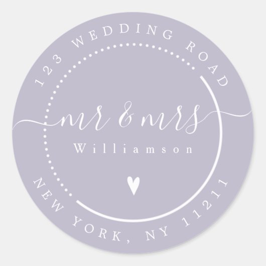 Elegante kalligrafie Mr Lavendel en Mrs Adres Ronde Sticker (Voorkant)