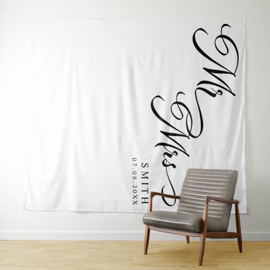 Elegante kalligrafie Mr & Mrs bruiloft achtergrond Wandkleed (In Situ (horizontaal))