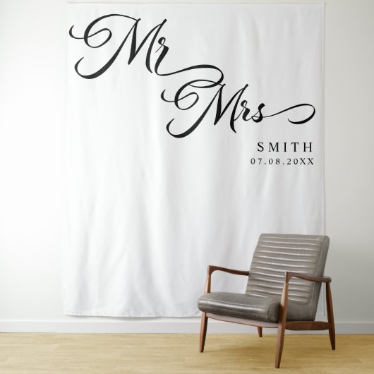 Elegante kalligrafie Mr & Mrs bruiloft achtergrond Wandkleed (In situ)