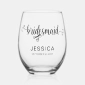 Elegante kalligrafie naam datum bruidsmeisje cadea wijnglas zonder voet (Voorkant)