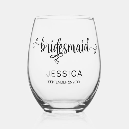 Elegante kalligrafie naam datum bruidsmeisje cadea wijnglas zonder voet (Voorkant)