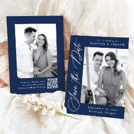 Elegante kalligrafie Navy 2 foto QR-code trouwkaar Save The Date