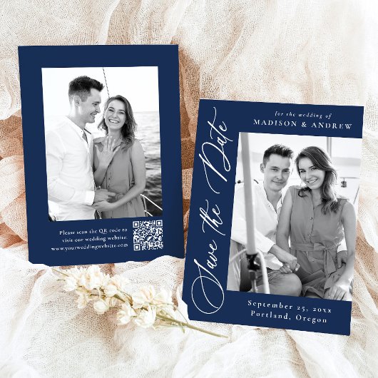 Elegante kalligrafie Navy 2 foto QR-code trouwkaar Save The Date