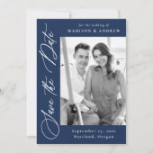 Elegante kalligrafie Navy 2 foto QR-code trouwkaar Save The Date (Voorkant)