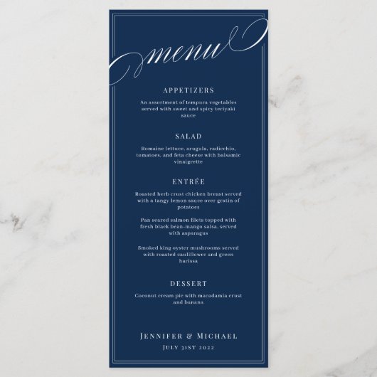Elegante kalligrafie Navy Blue Classic bruiloft Me Menu (Voorkant)