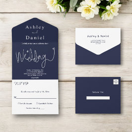 Elegante kalligrafie Navy Blue Fancy Modern Weddin All In One Uitnodiging