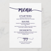 Elegante kalligrafie Navy Blue Script Trouwmenu Menu (Voorkant)