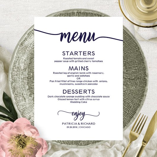 Elegante kalligrafie Navy Blue Script Trouwmenu Menu