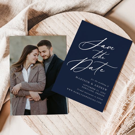 Elegante kalligrafie Navy Foto Bruiloft Save The Date