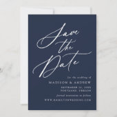 Elegante kalligrafie Navy Foto Bruiloft Save The Date (Voorkant)