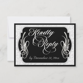 Elegante kalligrafie & nep-reliëf - Zilver/Zwart RSVP Kaartje