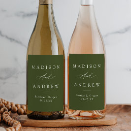 Elegante kalligrafie Olijfgroene bruiloft Wijn Etiket