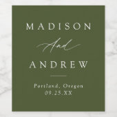 Elegante kalligrafie Olijfgroene bruiloft Wijn Etiket (Enkel label)