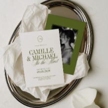 Elegante kalligrafie olijfgroene foto bruiloft