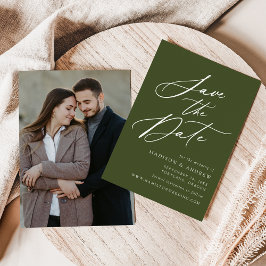 Elegante kalligrafie Olijfgroene foto bruiloft Save The Date