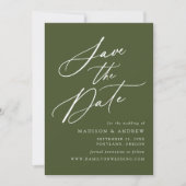 Elegante kalligrafie Olijfgroene foto bruiloft Save The Date (Voorkant)