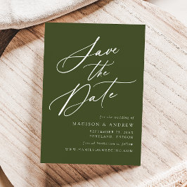 Elegante kalligrafie olijfgroene trouw save the date