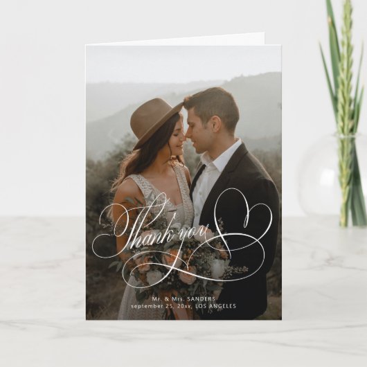 Elegante kalligrafie op maat trouwfoto bedankkaart (Voorkant)