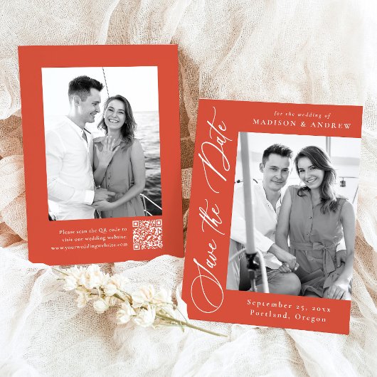 Elegante kalligrafie Oranje foto QR Code bruiloft Save The Date