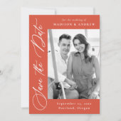 Elegante kalligrafie Oranje foto QR Code bruiloft Save The Date (Voorkant)