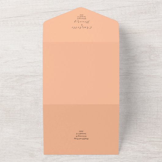 Elegante kalligrafie perzik QR code bruiloft All In One Uitnodiging (Buitenkant)