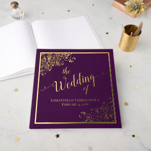 Elegante kalligrafie Plum Paarse Gold Foil Wedding Gastenboek
