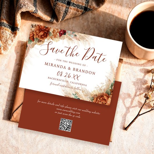 Elegante kalligrafie QR-code bloemrijke boho bruil Save The Date