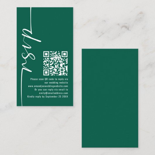 Elegante Kalligrafie QR Code Emerald Bruiloft RSVP Informatiekaartje (Voorkant / Achterkant)