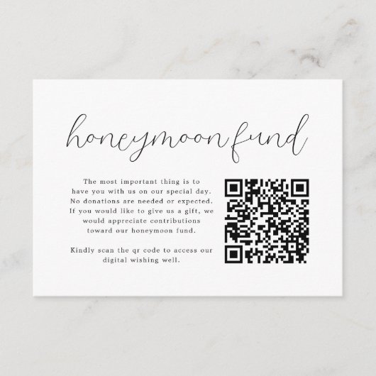 Elegante kalligrafie QR Code Honeymoon Fund Informatiekaartje (Voorkant)