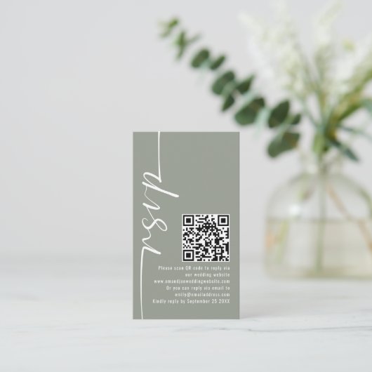 Elegante Kalligrafie QR Code Sage Bruiloft RSVP Informatiekaartje (Staand voorkant)