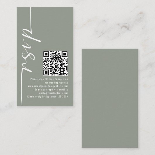 Elegante Kalligrafie QR Code Sage Bruiloft RSVP Informatiekaartje (Voorkant / Achterkant)