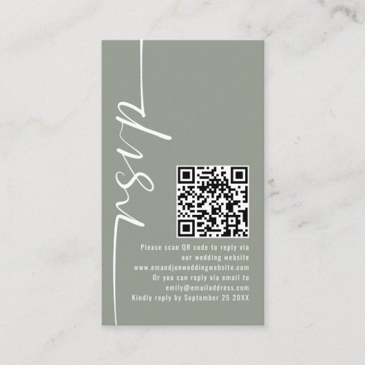 Elegante Kalligrafie QR Code Sage Bruiloft RSVP Informatiekaartje (Voorkant)