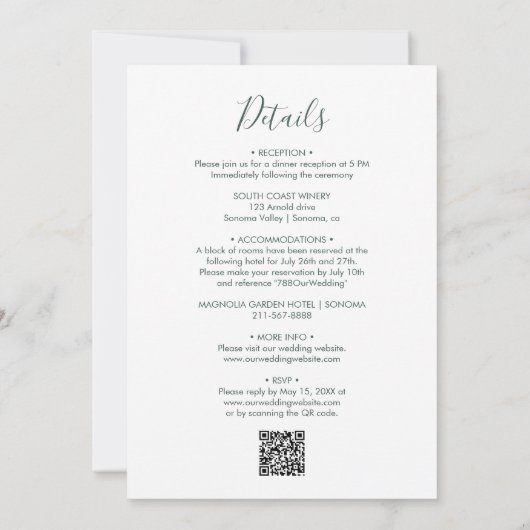 Elegante Kalligrafie QR Code Sage Groene Bruiloft Kaart (Achterkant)