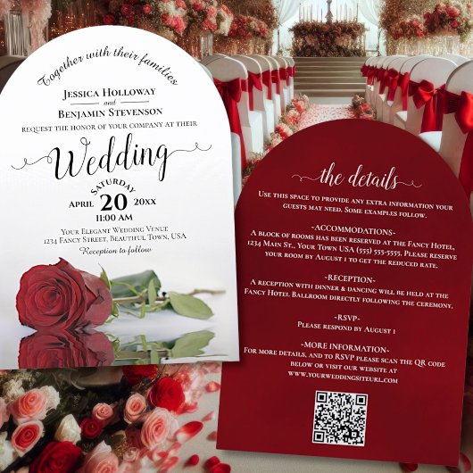 Elegante kalligrafie Red Rose QR Code Wedding Kaart