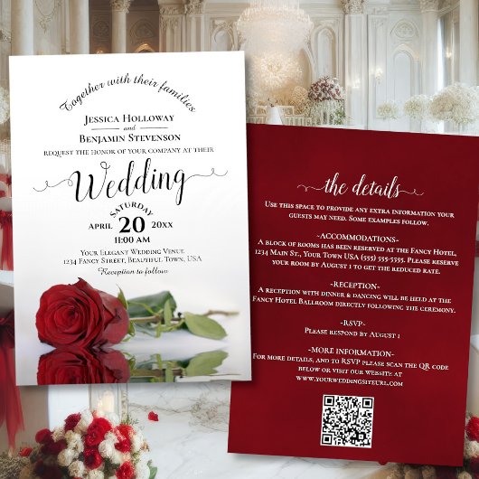 Elegante kalligrafie Red Rose QR Code Wedding Kaart
