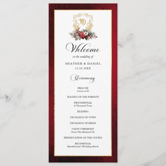 Elegante kalligrafie rood en gouden bruiloft programmakaart (Voorkant)