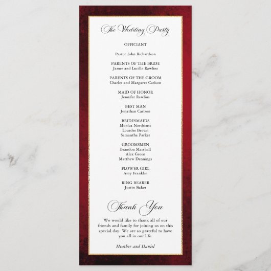 Elegante kalligrafie rood en gouden bruiloft programmakaart (Achterkant)