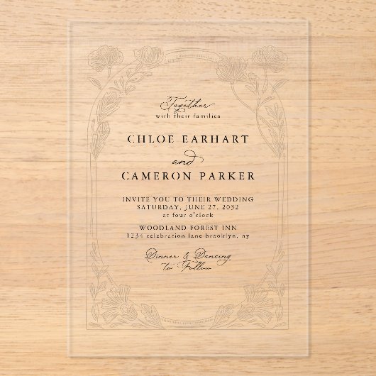 Elegante kalligrafie Roos Orchard Garden Wedding Acryl Uitnodigingen (Voorkant)